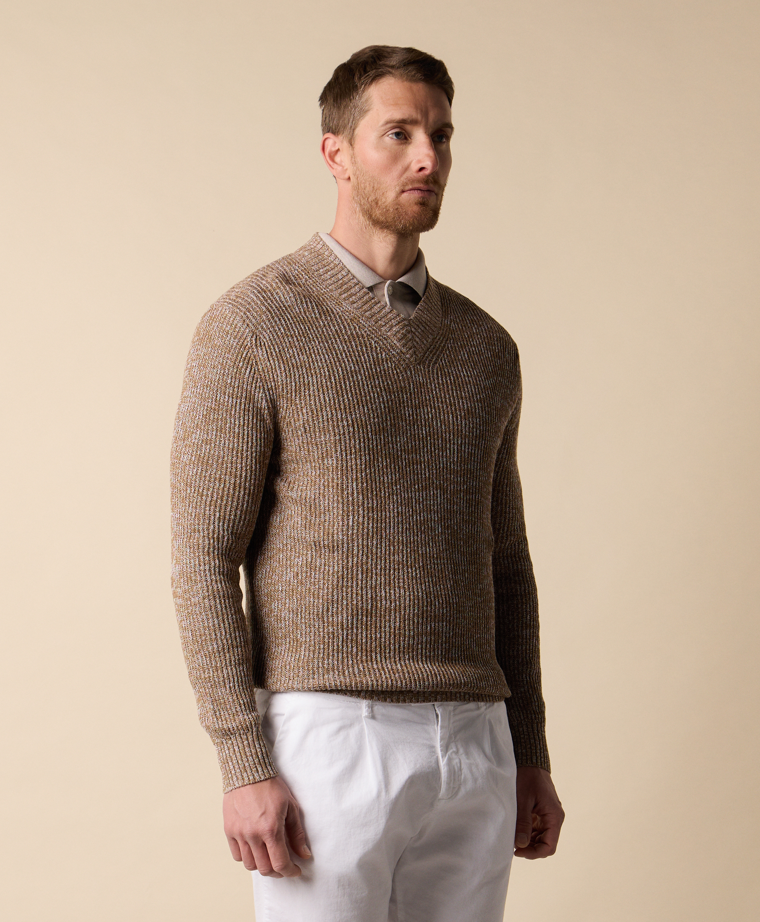  Brooks Brothers Mouliné-pullover Aus Baumwolle-leinen Mit V-ausschnitt - Mann Strickwaren Beige Xl 