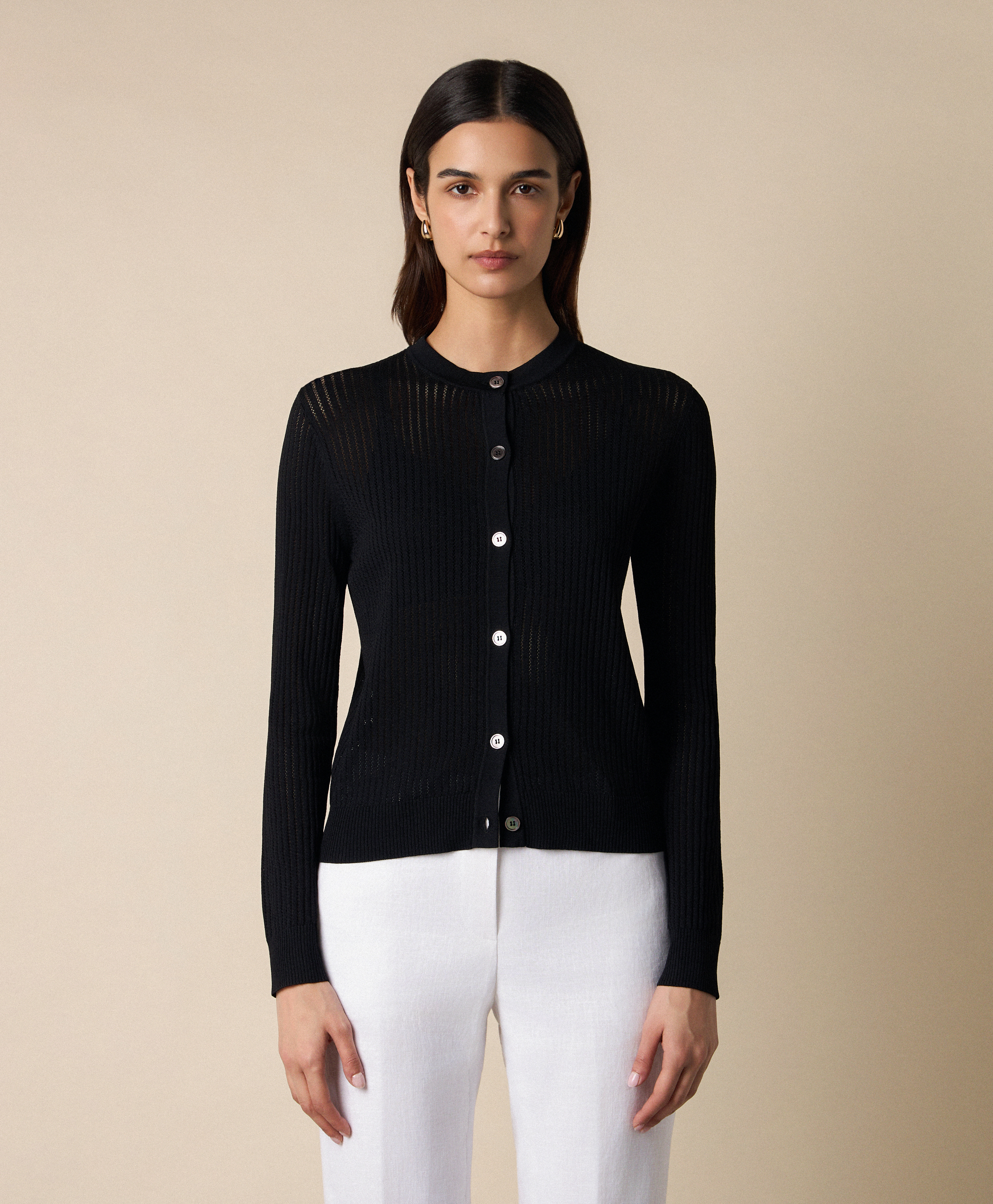 Pointelle Viscose Crewneck Cardigan in Black for Women | Brooks