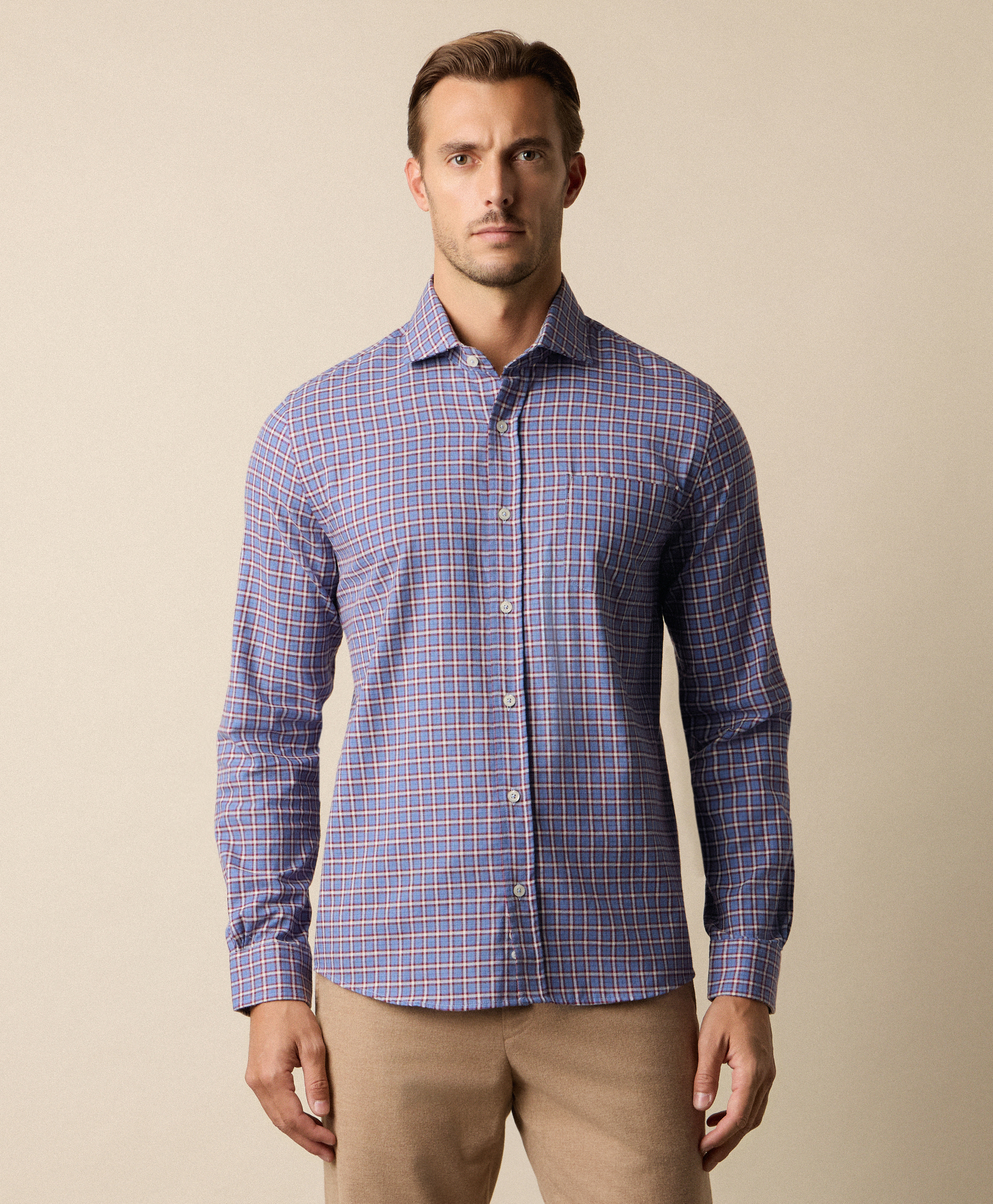  Brooks Brothers Camicia Slim Fit In Flanella Di Cotone A Quadri Con Collo Spread - Uomo Camicie Casual Azzurro S 