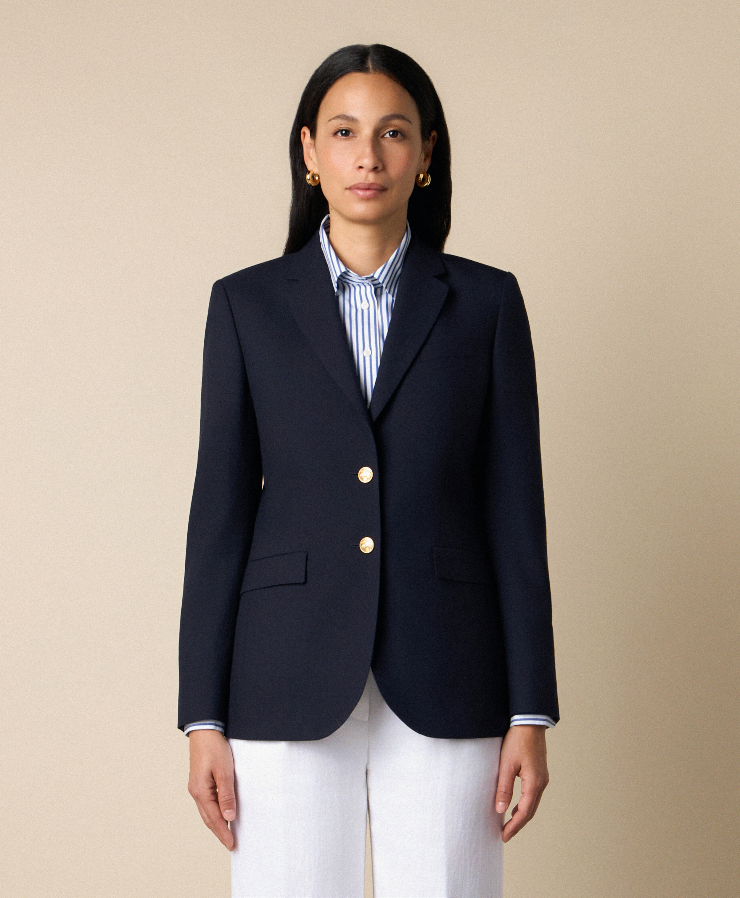 Hopsack Blazer with Gold Buttons in Navy for Women | Brooks
