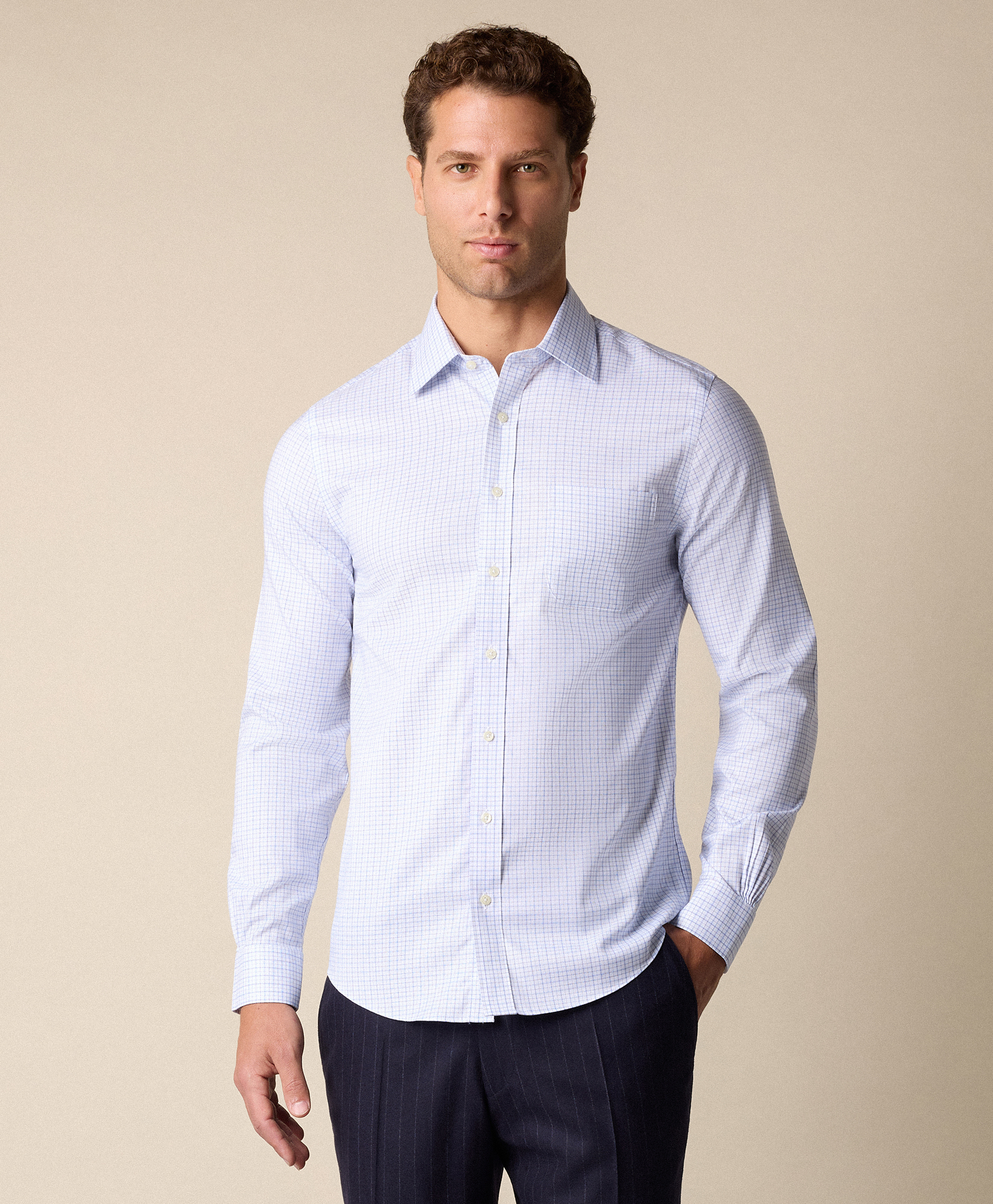  Brooks Brothers Slim Fit Non-iron Checked Stretch Twill Shirt With Ainsley Collar - Man Dress Shirts Blue 17h 