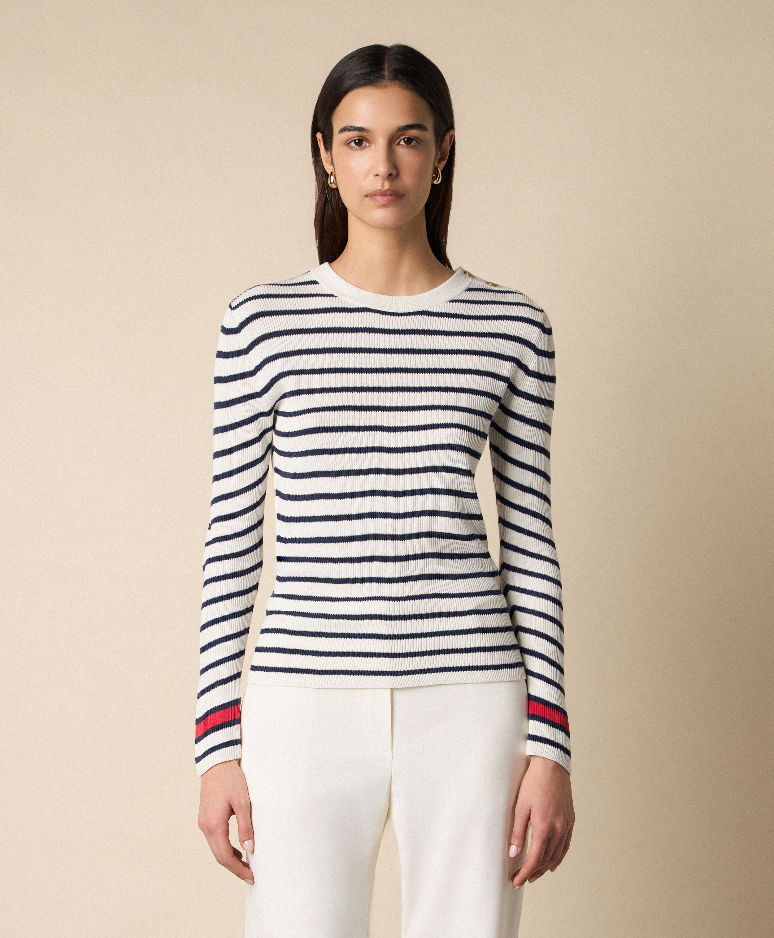  Brooks Brothers Gestreifter Rundhalspullover Mit Goldenen Logoknöpfen - Frau Strickwaren Marineblau Xl 
