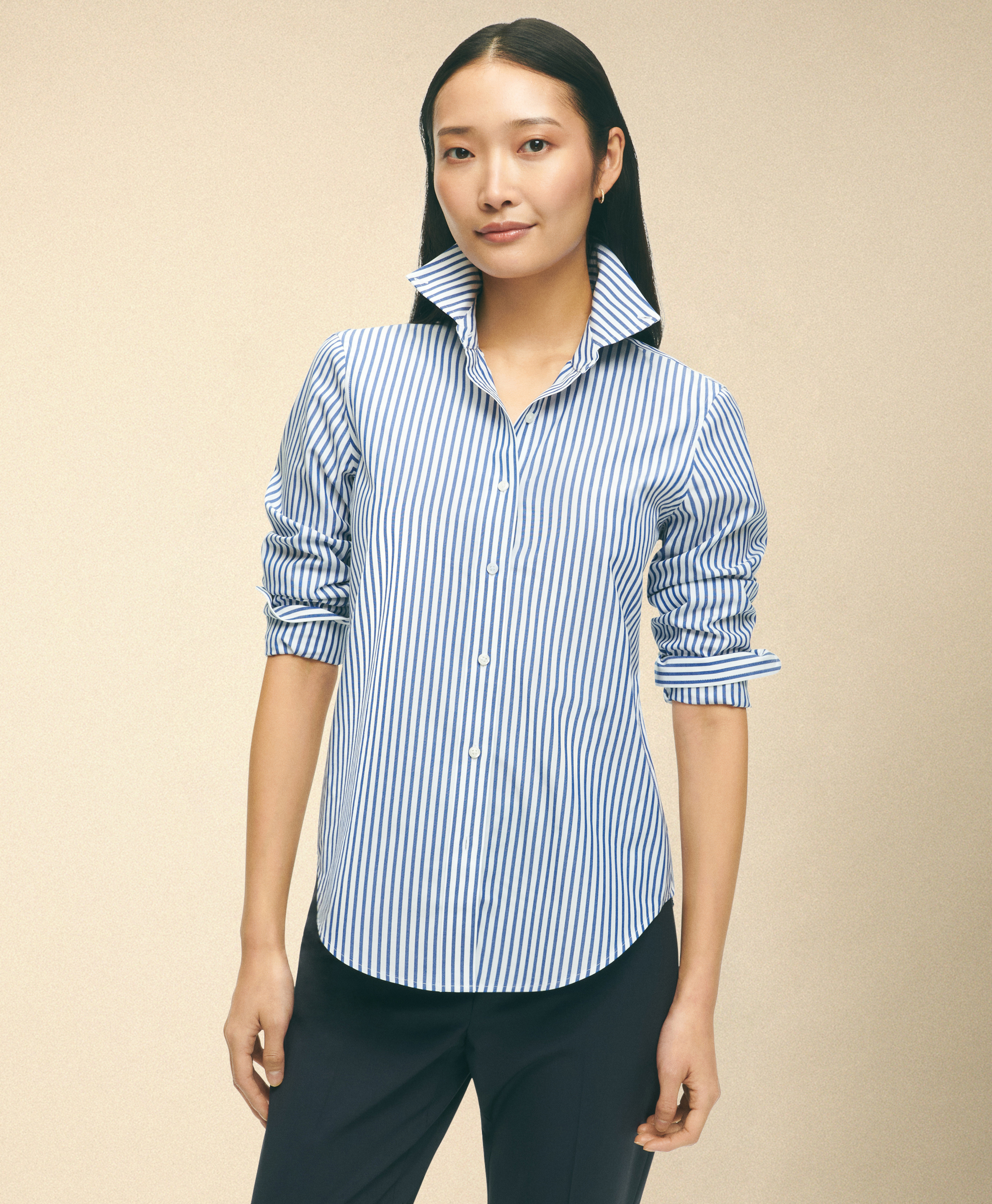  Brooks Brothers Classic Fit Non-iron Striped Stretch Poplin Supima Shirt With Button Down Collar - Woman Shirts And Blouses Blue 14 
