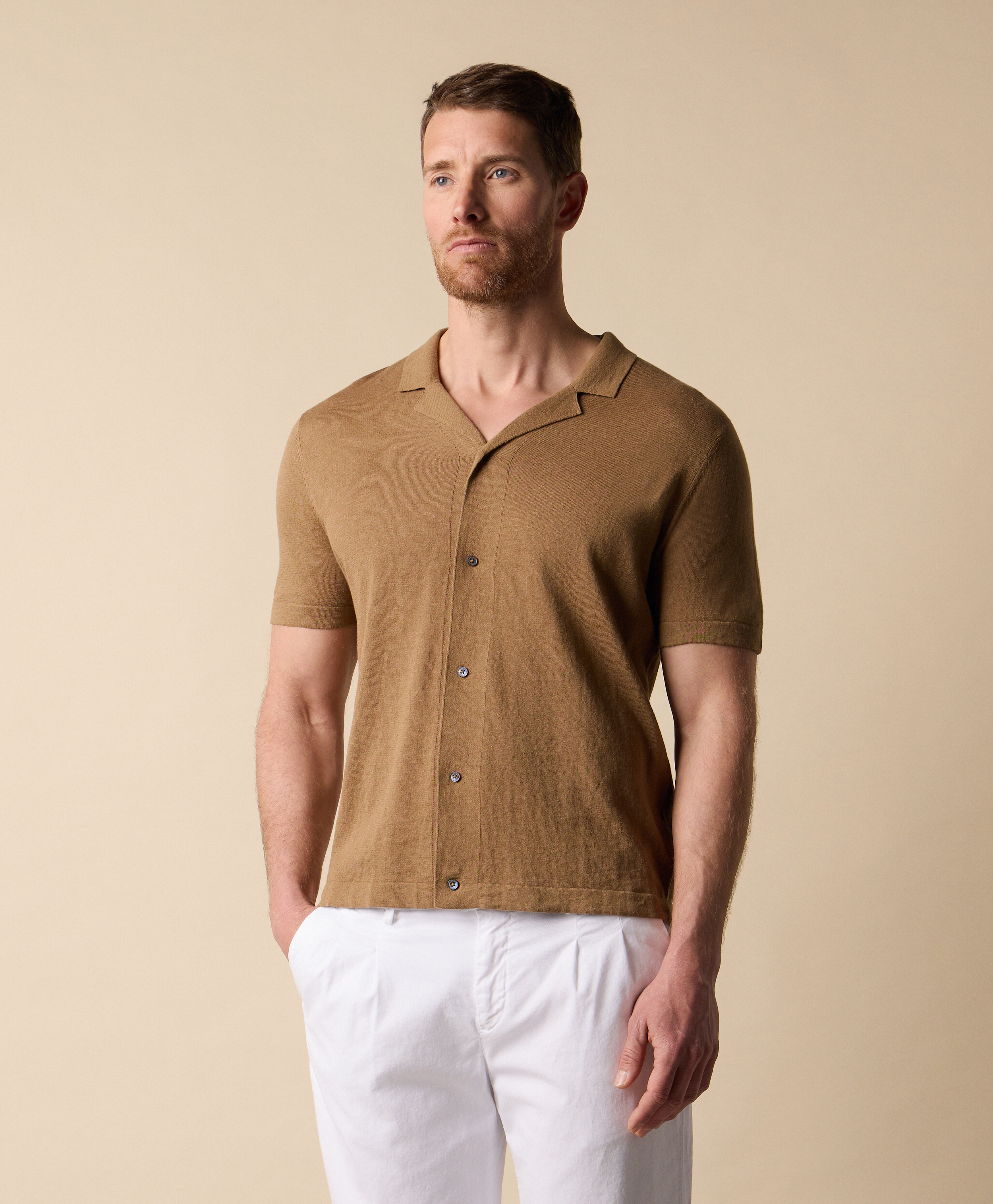Cotton-Linen Knit Polo Shirt in Light Brown for Men | Brooks 