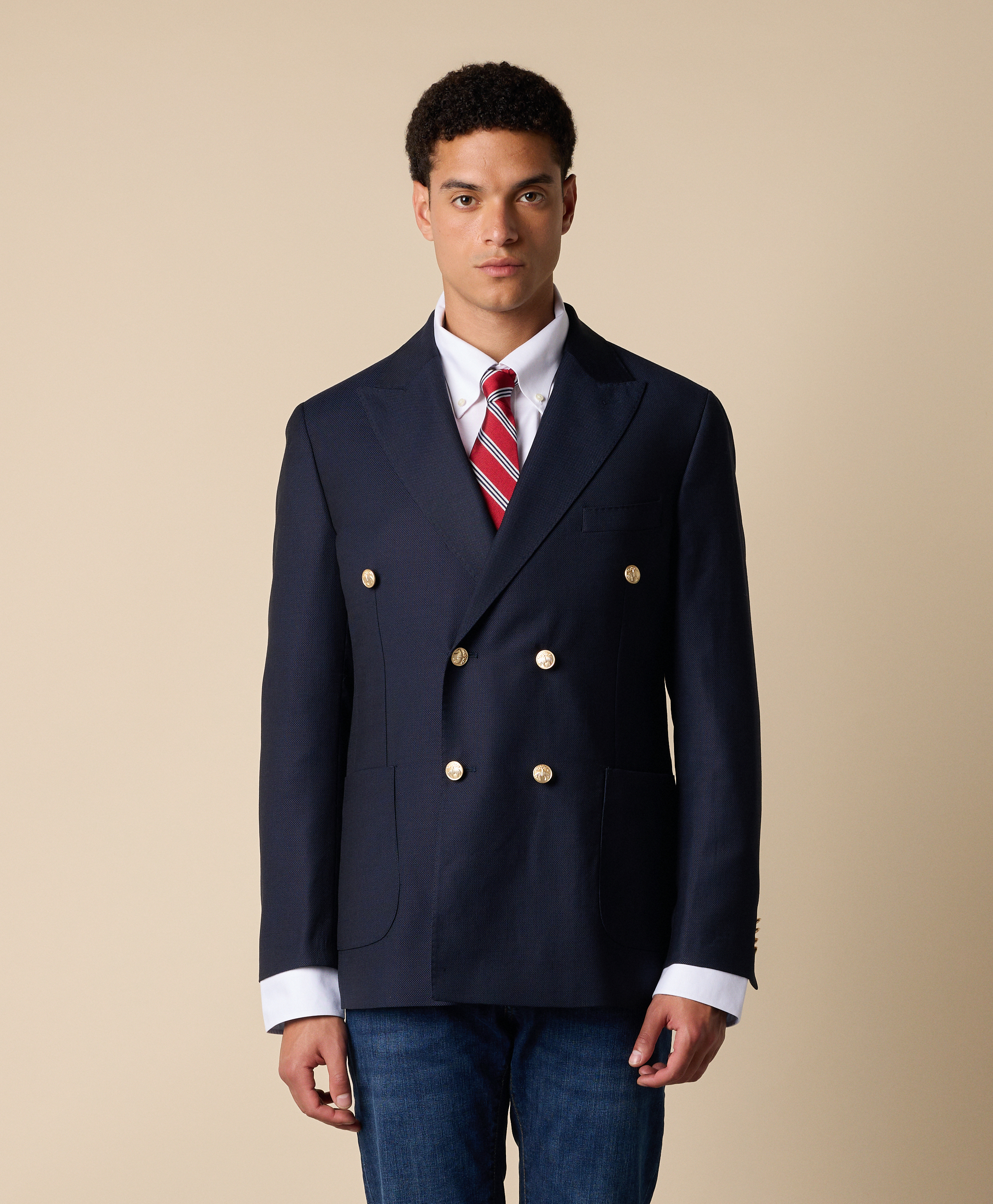 Double Breasted Hopsack Blazer with Gold Buttons in Navy for Men