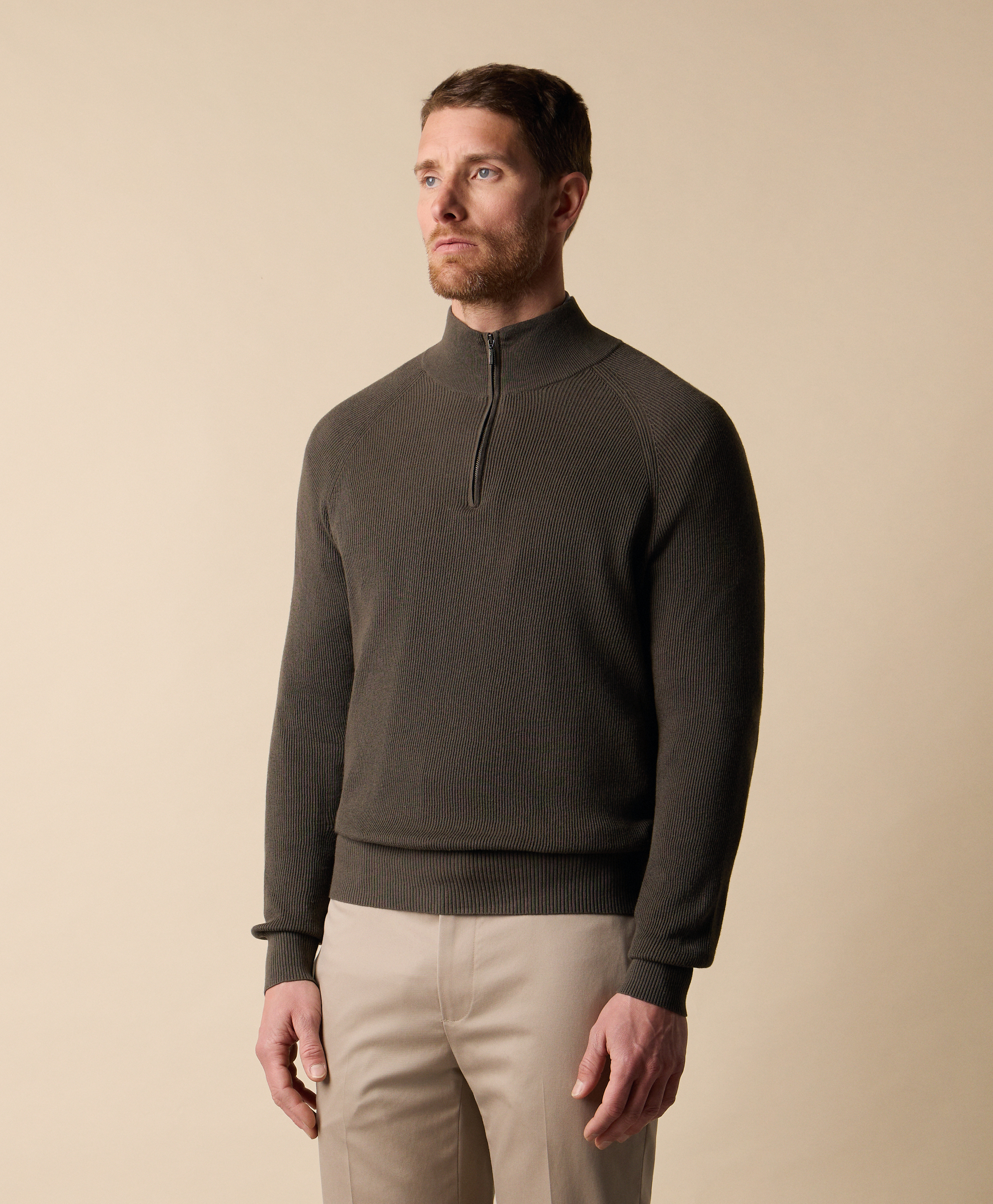  Brooks Brothers Maglia Half-zip Aus Baumwolle-kaschmir In Englischem Rippenstrick - Mann Strickwaren Khaki M 