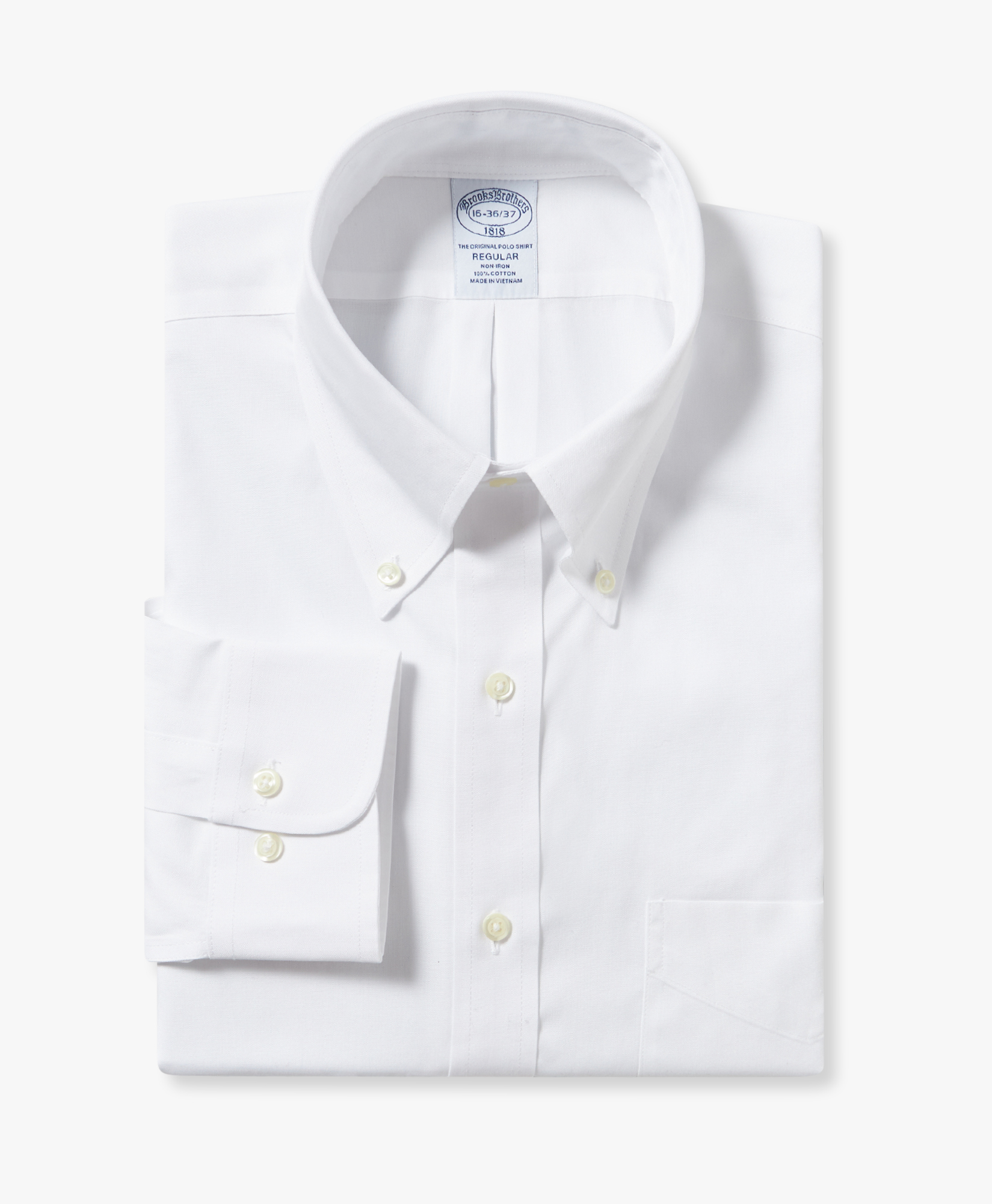  Brooks Brothers White Regular Fit Non-iron Dress Shirt With Polo Button Down Collar - Man Dress Shirts White 17h 