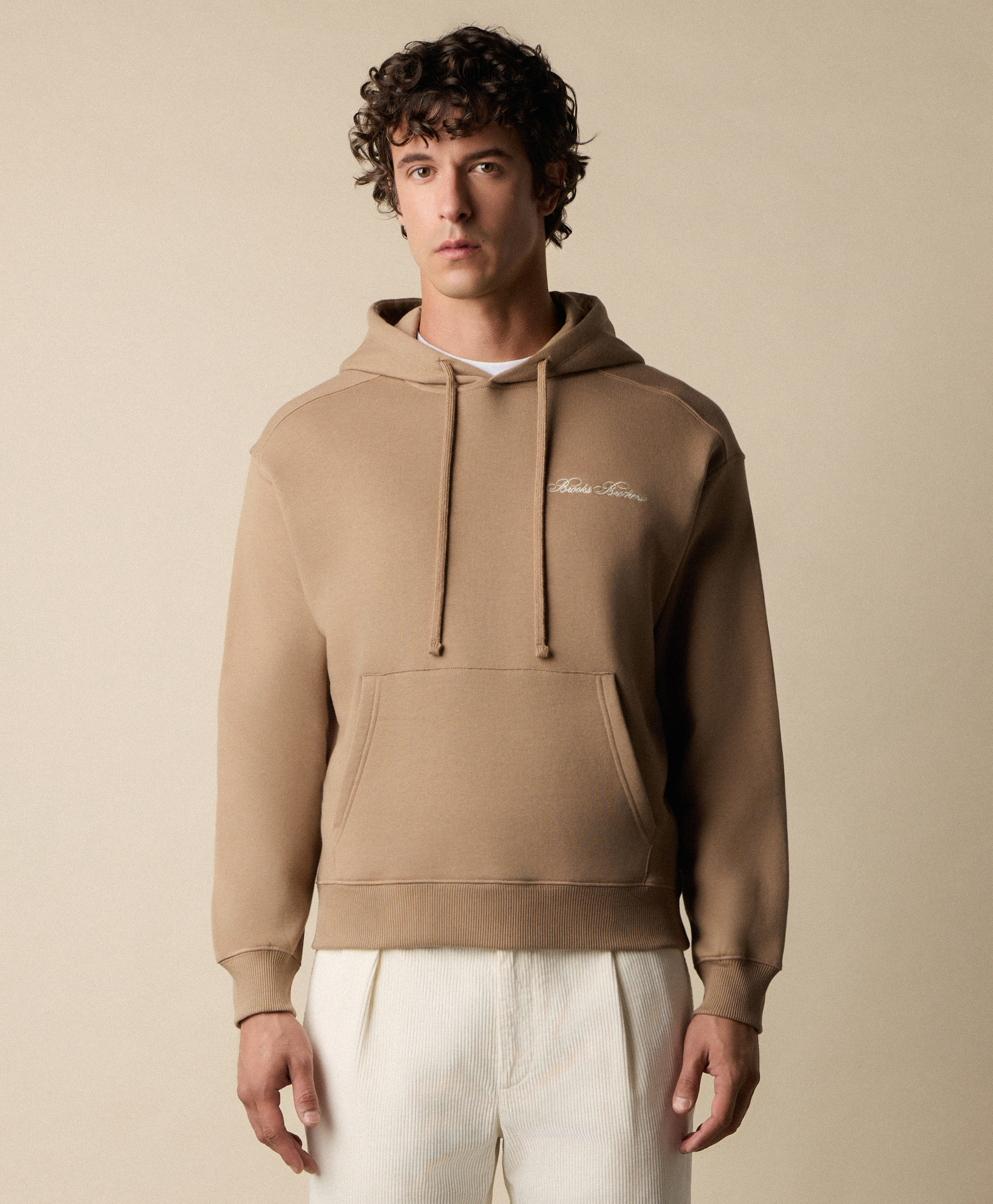 Cotton Hoodie with Embroidered Logo in Camel for Men | Brooks 